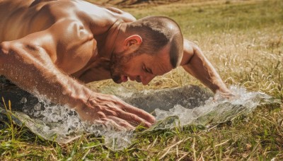 solo,short hair,black hair,1boy,male focus,outdoors,dark skin,water,from side,muscular,facial hair,dark-skinned male,grass,muscular male,beard,topless male,sideburns,realistic,goatee,very short hair,long sideburns,photo background,fine art parody,buzz cut,closed mouth,closed eyes,upper body,lying,parody,pectorals,mature male,chest hair,arm hair