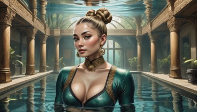 1girl,solo,breasts,looking at viewer,large breasts,brown hair,cleavage,brown eyes,jewelry,medium breasts,closed mouth,collarbone,upper body,braid,earrings,parted lips,choker,indoors,water,hair bun,lips,wet,grey eyes,eyelashes,makeup,sunlight,single hair bun,thick eyebrows,plant,partially submerged,green dress,light rays,hoop earrings,realistic,nose,pool,potted plant,neck ring,pillar,blush,blonde hair,dress,dark skin,necklace,breasts apart,eyeshadow,freckles,gold choker