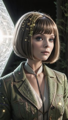 1girl,solo,breasts,looking at viewer,short hair,bangs,blue eyes,brown hair,jacket,upper body,hairband,parted lips,open clothes,artist name,blunt bangs,blurry,black eyes,open jacket,lips,grey eyes,eyelashes,detached collar,bob cut,freckles,green jacket,realistic,nose,shirt,cleavage,medium breasts,collarbone,white shirt,choker,makeup,watermark,web address,pink lips