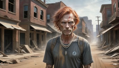 HQ,solo,looking at viewer,short hair,blue eyes,brown hair,shirt,1boy,jewelry,closed mouth,upper body,short sleeves,male focus,outdoors,sky,day,cloud,necklace,bag,window,blood,facial hair,backpack,blue shirt,t-shirt,building,beard,serious,injury,blood on face,city,realistic,road,ruins,house,power lines,dirty,utility pole,debris,blonde hair,red hair,artist name,orange hair,watermark,manly,street