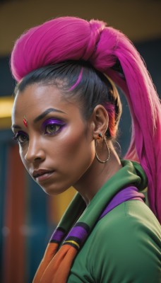 1girl,solo,long hair,black hair,brown eyes,jewelry,upper body,ponytail,pink hair,multicolored hair,earrings,parted lips,dark skin,blurry,from side,two-tone hair,official alternate costume,dark-skinned female,lips,eyelashes,makeup,blurry background,facial mark,lipstick,portrait,forehead,eyeshadow,freckles,hoop earrings,green jacket,realistic,nose,eyeliner,undercut,forehead jewel,hair pulled back,mascara,shirt,green eyes,purple hair,artist name,streaked hair,purple eyeshadow