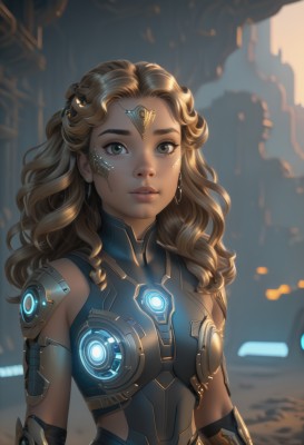 1girl,solo,long hair,breasts,looking at viewer,blonde hair,brown hair,bare shoulders,brown eyes,jewelry,medium breasts,upper body,earrings,parted lips,sleeveless,artist name,dark skin,armor,blurry,dark-skinned female,lips,bodysuit,blurry background,glowing,wavy hair,freckles,science fiction,curly hair,nose,arms at sides,cyborg,green eyes,small breasts,teeth,eyelashes,headgear,heterochromia,backlighting,realistic