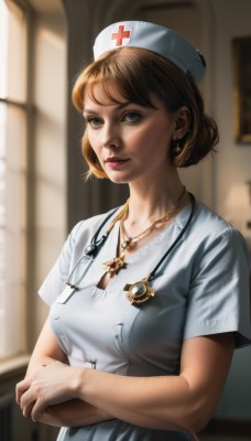 1girl,solo,breasts,looking at viewer,short hair,bangs,blue eyes,brown hair,hat,dress,jewelry,medium breasts,upper body,short sleeves,earrings,indoors,necklace,hair bun,white dress,blurry,lips,grey eyes,blurry background,crossed arms,cross,freckles,realistic,nose,nurse cap,nurse,stethoscope,brown eyes,closed mouth,window,sunlight,single hair bun