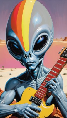 solo,looking at viewer,blue eyes,1boy,holding,upper body,male focus,no humans,colored skin,instrument,science fiction,realistic,sand,blue skin,music,guitar,playing instrument,holding instrument,electric guitar,alien,desert,1girl,shiny,muscular