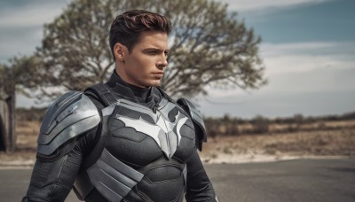 solo,short hair,brown hair,1boy,closed mouth,closed eyes,upper body,male focus,outdoors,day,armor,blurry,tree,blurry background,shoulder armor,breastplate,realistic,photo background,sky,bodysuit,facial hair,stubble,superhero,power armor