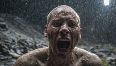 solo,looking at viewer,open mouth,1boy,male focus,outdoors,teeth,water,blurry,wet,blurry background,parody,portrait,rain,rock,realistic,wet hair,bald,old,old man,wrinkled skin,short hair,white hair,black eyes,night,close-up