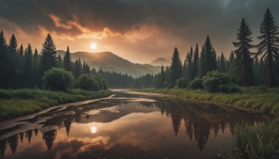 outdoors,sky,cloud,water,tree,no humans,moon,cloudy sky,grass,nature,scenery,forest,reflection,sunset,mountain,sun,river,landscape,lake,red sky,reflective water,road,mountainous horizon,path