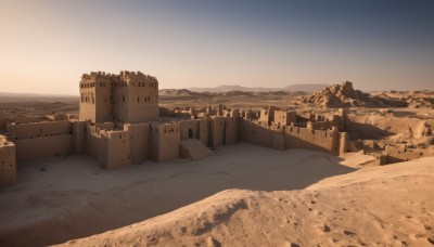 outdoors,sky,day,blue sky,no humans,building,scenery,sunset,mountain,city,sand,road,cityscape,landscape,desert,cloud,water,ocean,beach,rock,horizon,ruins,castle,shore,cliff