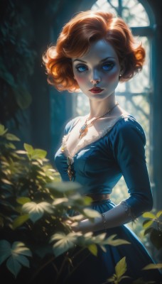 1girl,solo,breasts,looking at viewer,short hair,blue eyes,brown hair,long sleeves,dress,cleavage,jewelry,medium breasts,collarbone,earrings,artist name,indoors,necklace,nail polish,orange hair,blurry,bracelet,lips,eyelashes,window,makeup,depth of field,blurry background,blue dress,leaf,sunlight,plant,lipstick,gem,pale skin,pendant,eyeshadow,backlighting,freckles,curly hair,nose,red lips,mascara,blush,standing,parted lips,lace trim,lace