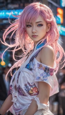 1girl,solo,long hair,looking at viewer,bangs,blue eyes,shirt,bare shoulders,jewelry,closed mouth,white shirt,upper body,pink hair,short sleeves,earrings,outdoors,off shoulder,blurry,lips,grey eyes,makeup,blurry background,floral print,realistic,nose,breasts,skirt,artist name,from side,eyelashes,floating hair,depth of field,watermark,piercing,wind,ear piercing,print shirt,badge,mascara