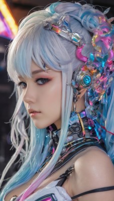 1girl,solo,long hair,breasts,looking at viewer,bangs,blue eyes,large breasts,hair ornament,cleavage,bare shoulders,jewelry,closed mouth,blue hair,upper body,ponytail,pink hair,white hair,multicolored hair,earrings,mole,blurry,from side,lips,grey eyes,eyelashes,gradient hair,makeup,blurry background,headgear,portrait,eyeshadow,science fiction,realistic,nose,eyeliner,cable,grey hair,sidelocks,parted lips,artist name,collar,headphones,expressionless,close-up,cyberpunk