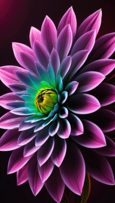 solo,simple background,flower,no humans,leaf,black background,pink flower,purple flower,lotus,still life,gradient,gradient background,glowing,colorful,rainbow order,rainbow gradient