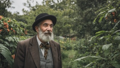 solo,shirt,1boy,hat,bow,closed mouth,jacket,white shirt,upper body,white hair,grey hair,male focus,outdoors,open clothes,necktie,day,collared shirt,bowtie,blurry,vest,open jacket,tree,black headwear,black bow,blurry background,facial hair,formal,suit,plant,beard,brown jacket,black bowtie,realistic,mustache,old,old man,brown bow,brown vest,photo background,grey vest,brown necktie,brown bowtie,long sleeves,flower,depth of field,leaf,nature,manly