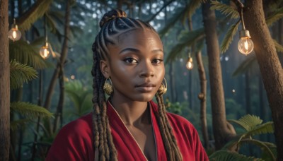 1girl,solo,long hair,looking at viewer,black hair,brown eyes,jewelry,upper body,braid,earrings,japanese clothes,dark skin,blurry,black eyes,twin braids,dark-skinned female,tree,lips,depth of field,blurry background,plant,portrait,nature,forehead,realistic,nose,palm tree,red kimono,very dark skin,dreadlocks,light bulb,multiple braids,closed mouth,hair bun,single hair bun,forest,robe