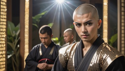 looking at viewer,short hair,black hair,brown eyes,closed mouth,closed eyes,upper body,male focus,japanese clothes,multiple boys,2boys,kimono,blurry,black eyes,lips,facial hair,sunlight,3boys,plant,realistic,mustache,black kimono,bald,very short hair,old,old man,buzz cut,parody,mirror,grey kimono