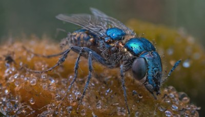 outdoors,wings,water,blurry,no humans,depth of field,blurry background,animal,bug,robot,monster,water drop,realistic,antennae,spider,insect wings,solo,blue eyes,spikes,flying,animal focus