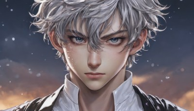 solo,looking at viewer,short hair,bangs,blue eyes,shirt,1boy,hair between eyes,closed mouth,white shirt,white hair,grey hair,male focus,outdoors,sky,collared shirt,blurry,lips,grey eyes,eyelashes,portrait,light particles,realistic,straight-on,jacket,black jacket,blurry background,messy hair,close-up,serious,nose