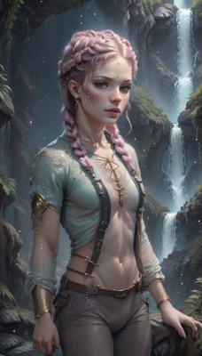 1girl,solo,long hair,breasts,looking at viewer,blush,blue eyes,shirt,long sleeves,navel,cleavage,jewelry,medium breasts,green eyes,standing,collarbone,pink hair,braid,short sleeves,cowboy shot,earrings,small breasts,outdoors,parted lips,teeth,midriff,belt,pants,artist name,signature,water,necklace,stomach,nail polish,twin braids,bracelet,lips,crop top,wet,eyelashes,no bra,makeup,watermark,facial mark,piercing,suspenders,denim,lipstick,hair over shoulder,web address,buckle,freckles,toned,gold trim,jeans,rock,forehead mark,realistic,nose,red lips,brown belt,bracer,grey pants,waterfall,mascara,cave,multiple braids,see-through,abs