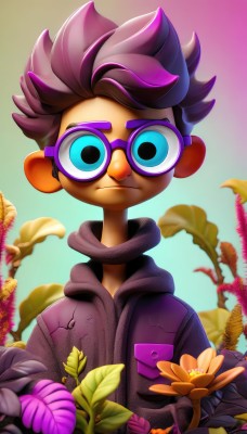 solo,looking at viewer,short hair,blue eyes,brown hair,1boy,closed mouth,jacket,upper body,purple hair,flower,male focus,multicolored hair,glasses,hood,gradient,gradient background,hoodie,leaf,plant,spiked hair,yellow flower,purple flower,male child,purple-framed eyewear,artist name,blurry,frown,watermark,purple hoodie