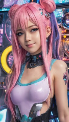 1girl,solo,long hair,breasts,looking at viewer,smile,bangs,blue eyes,hair ornament,bare shoulders,twintails,jewelry,medium breasts,swimsuit,upper body,pink hair,earrings,hair bun,lips,grey eyes,double bun,tattoo,makeup,piercing,science fiction,realistic,nose,arm tattoo,cyberpunk,closed mouth,sidelocks,small breasts,choker,artist name,eyelashes,tank top