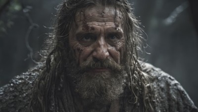 solo,long hair,looking at viewer,1boy,closed mouth,upper body,male focus,blurry,black eyes,wet,blurry background,facial hair,portrait,beard,realistic,wet hair,straight-on,smile,blue eyes,black hair,armor,scar,sunlight,mustache,manly