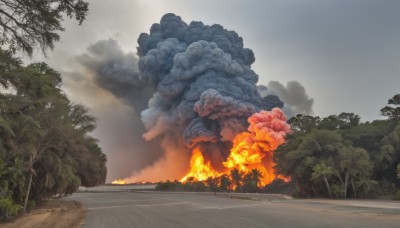 outdoors,sky,day,cloud,tree,blue sky,no humans,cloudy sky,fire,nature,scenery,forest,smoke,road,bush,explosion,street,burning