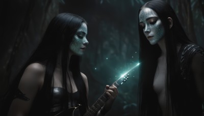 long hair,breasts,multiple girls,black hair,dress,holding,2girls,nipples,upper body,nude,small breasts,blurry,looking at another,black dress,lips,glowing,colored skin,instrument,nature,dual persona,forest,realistic,guitar,white eyes,grey skin,holding instrument,jewelry,artist name,ring,crossover,knife,pale skin,black nails,electric guitar,blind