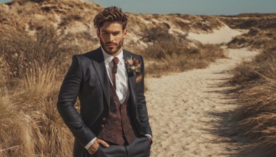 solo,looking at viewer,smile,short hair,brown hair,shirt,long sleeves,1boy,closed mouth,jacket,closed eyes,white shirt,upper body,male focus,outdoors,open clothes,necktie,day,collared shirt,pants,vest,open jacket,black jacket,facial hair,formal,suit,red necktie,beard,brown jacket,mature male,realistic,hands in pockets,mustache,brown vest,black suit,photo background,lapels,brown necktie,standing,dark skin,dress shirt,black pants,dark-skinned male,field,waistcoat