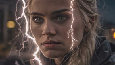 1girl, solo, long hair, blonde hair, blurry, lips, portrait, realistic, nose, electricity, lightning