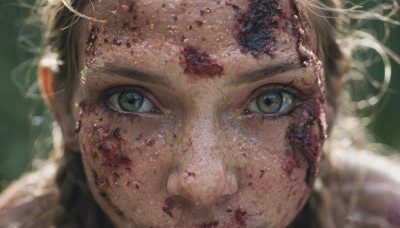 1girl,solo,looking at viewer,blonde hair,brown hair,brown eyes,green eyes,hair bun,blurry,lips,eyelashes,double bun,blood,portrait,close-up,realistic,bun cover,depth of field,freckles,injury,blood on face,dirty