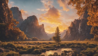 outdoors,sky,day,cloud,water,tree,blue sky,no humans,sunlight,cloudy sky,nature,scenery,forest,sunset,rock,mountain,sun,river,landscape,mountainous horizon,orange sky,yellow sky,signature,orange theme