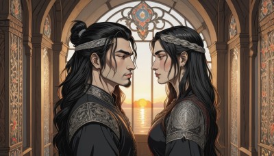 1girl,long hair,breasts,blush,black hair,1boy,jewelry,closed mouth,closed eyes,upper body,hetero,earrings,indoors,hair bun,armor,looking at another,from side,lips,window,profile,headband,facial hair,siblings,wavy hair,single hair bun,shoulder armor,beard,eye contact,pauldrons,sunset,circlet,goatee,red lips,braid,parted lips,artist name,chinese clothes,sun,husband and wife,arch