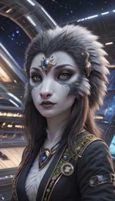 1girl,solo,long hair,breasts,looking at viewer,smile,brown hair,hair ornament,brown eyes,jewelry,medium breasts,closed mouth,upper body,artist name,signature,lips,makeup,night,brooch,gem,furry,freckles,realistic,nose,furry female,black hair,animal ears,yellow eyes,necklace,rabbit ears,mole,eyelashes,mole under eye,colored skin,headpiece,headdress