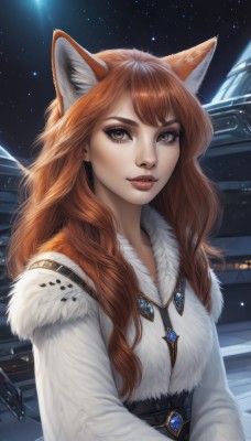 1girl,solo,long hair,looking at viewer,bangs,brown hair,long sleeves,animal ears,brown eyes,jewelry,upper body,parted lips,sky,necklace,orange hair,lips,coat,fur trim,fox ears,eyelashes,makeup,night,fox girl,gem,star (sky),night sky,starry sky,freckles,red lips,artist name,realistic,nose,space