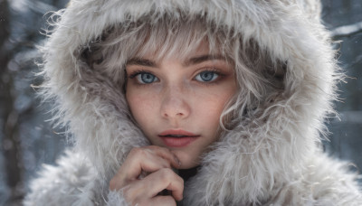 1girl, solo, looking at viewer, bangs, blue eyes, parted lips, hood, lips, fur trim, eyelashes, portrait, hood up, realistic, nose