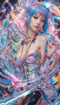 1girl,solo,breasts,looking at viewer,short hair,bangs,blue eyes,hair ornament,thighhighs,dress,cleavage,bare shoulders,jewelry,medium breasts,blue hair,pink hair,multicolored hair,cowboy shot,hairband,earrings,parted lips,detached sleeves,necklace,hair bun,nail polish,mole,lips,strapless,single hair bun,gem,blue nails,crystal,realistic,shiny,artist name,fingernails,head tilt,makeup,watermark,web address,nose