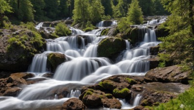 outdoors,day,artist name,signature,water,tree,no humans,nature,scenery,forest,rock,river,waterfall,landscape,moss,watermark