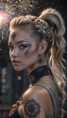 1girl,solo,long hair,breasts,looking at viewer,blue eyes,blonde hair,hair ornament,dress,bare shoulders,jewelry,closed mouth,upper body,ponytail,braid,earrings,sleeveless,necklace,mole,blurry,from side,lips,grey eyes,tattoo,makeup,night,blurry background,facial mark,piercing,ear piercing,freckles,realistic,nose,arm tattoo,shoulder tattoo,facial tattoo,fireworks,flower,parted lips,eyelashes,nose piercing,eyebrow piercing