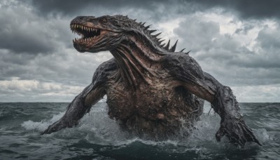 solo,open mouth,red eyes,tail,outdoors,sky,teeth,cloud,water,no humans,ocean,cloudy sky,sharp teeth,claws,monster,giant,waves,grey sky,kaijuu,spikes