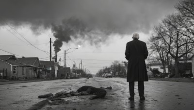 solo,short hair,long sleeves,1boy,standing,monochrome,greyscale,male focus,outdoors,sky,pants,cloud,from behind,tree,coat,ground vehicle,building,scenery,motor vehicle,smoke,facing away,car,road,house,power lines,bare tree,utility pole,holding,weapon,white hair,shoes,gun,black pants,cloudy sky,snow,black coat,lamppost,street,grey sky,grey theme