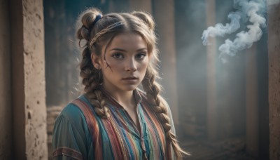 1girl,solo,long hair,looking at viewer,blue eyes,brown hair,shirt,black hair,hair ornament,brown eyes,jewelry,closed mouth,upper body,braid,earrings,hairclip,necklace,hair bun,blurry,twin braids,lips,grey eyes,blurry background,scar,hair over shoulder,smoke,freckles,realistic,nose,multiple braids,striped,artist name,makeup,facial mark,sunlight,vertical stripes,light rays,facepaint