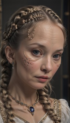 1girl,solo,long hair,looking at viewer,blue eyes,brown hair,hair ornament,dress,jewelry,collarbone,braid,earrings,parted lips,necklace,white dress,blurry,twin braids,lips,grey eyes,blurry background,gem,portrait,freckles,realistic,multiple braids,closed mouth,artist name,eyelashes,forehead,nose