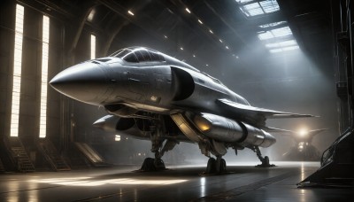 HQ,indoors,signature,military,no humans,window,sunlight,robot,mecha,science fiction,light rays,realistic,aircraft,military vehicle,airplane,light,vehicle focus,spacecraft,lights,jet,fighter jet,helmet,sunbeam,cockpit,pilot