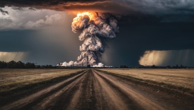 outdoors,sky,cloud,no humans,sunlight,cloudy sky,building,scenery,sunset,monster,mountain,sun,field,landscape,tree,fire,nature,explosion