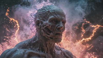 solo,looking at viewer,red eyes,1boy,upper body,male focus,glowing,fire,portrait,smoke,colored sclera,science fiction,veins,realistic,cyborg,burning,cracked skin,closed mouth,1other