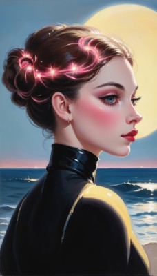 1girl,solo,blush,short hair,blue eyes,brown hair,jewelry,upper body,earrings,outdoors,parted lips,sky,artist name,water,hair bun,from side,lips,eyelashes,sparkle,profile,makeup,night,turtleneck,ocean,looking away,beach,moon,single hair bun,lipstick,portrait,full moon,nose,red lips,stud earrings,looking afar,mascara,braid,teeth,signature,bodysuit,watermark,eyeshadow,realistic,waves