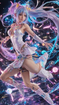 1girl,solo,long hair,breasts,looking at viewer,skirt,hair ornament,dress,cleavage,bare shoulders,twintails,brown eyes,jewelry,medium breasts,very long hair,blue hair,full body,pink hair,purple hair,multicolored hair,boots,lips,thigh strap,building,floating,city,realistic,cityscape,thighhighs,parted lips,detached sleeves,white dress,high heels,gradient hair,outstretched arms,single thighhigh