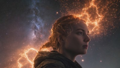 1girl,solo,long hair,blue eyes,blonde hair,closed mouth,braid,sky,artist name,dark skin,hood,from side,lips,profile,night,hood down,looking up,portrait,star (sky),night sky,starry sky,freckles,realistic,nose,electricity,constellation,brown hair,upper body,outdoors,space,looking afar