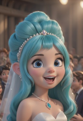 1girl,long hair,breasts,looking at viewer,blush,smile,open mouth,bangs,blue eyes,hair ornament,dress,bare shoulders,jewelry,blue hair,collarbone,upper body,:d,earrings,small breasts,multiple boys,teeth,solo focus,artist name,indoors,necklace,white dress,blurry,lips,eyelashes,strapless,aqua hair,depth of field,blurry background,upper teeth only,formal,happy,suit,tiara,gem,veil,strapless dress,freckles,6+boys,wedding dress,round teeth,bridal veil,hair up,bride,pearl necklace,crowd,wedding,realistic