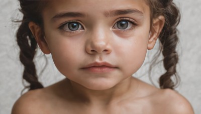 1girl,solo,long hair,looking at viewer,blue eyes,simple background,brown hair,bare shoulders,twintails,closed mouth,collarbone,braid,nude,grey background,blurry,black eyes,twin braids,lips,grey eyes,eyelashes,portrait,close-up,realistic,nose,expressionless